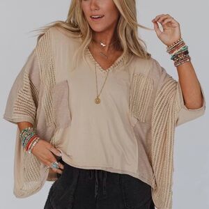 POL boutique Boho Beige Mixed-Knit V-Neck Top